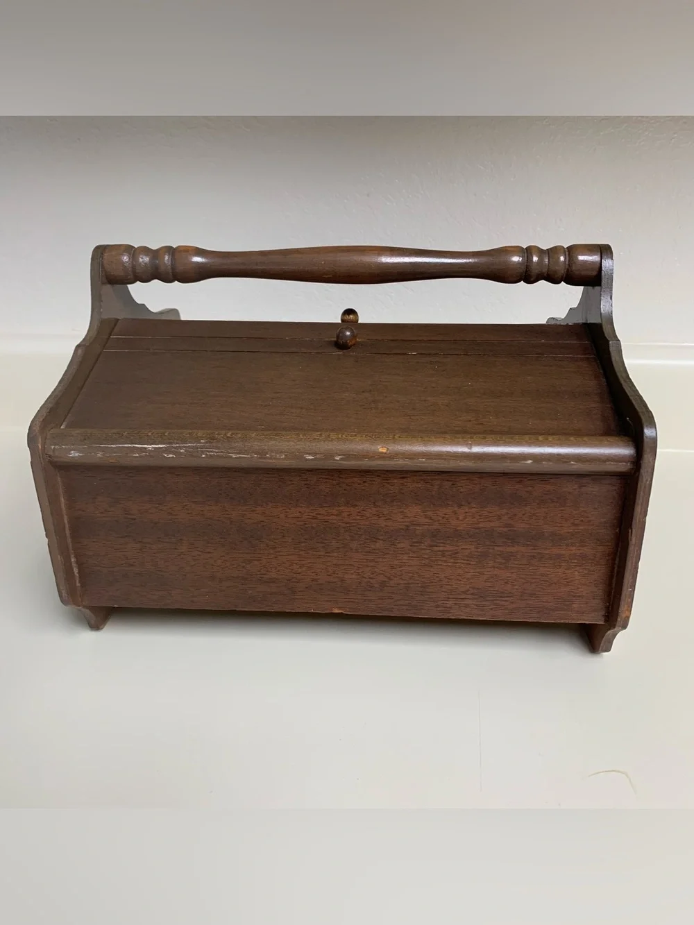Vintage Wooden Sewing Box with Handle - Dark Brown
